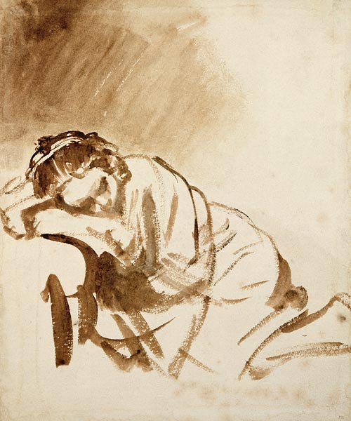 A Young Woman Sleeping (Hendrijke Stoffels) c.1654 (brush & brown wash on paper) a 