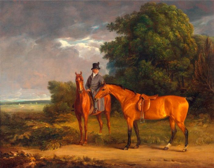 A Groom Mounted on a Chestnut Hunter a 