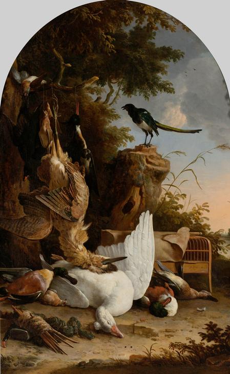 A Hunter’s Bag near a Tree Stump with a Magpie, Known as ‘The Contemplative Magpie’ a 