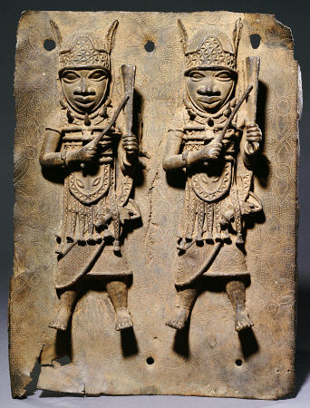 A Benin Bronze Plaque With Two Relief Figures, C a 