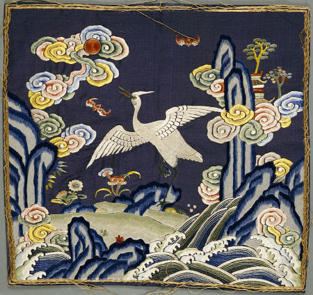 A Blue-Ground Embroidered Mandarin Square Depicting An Egret a 