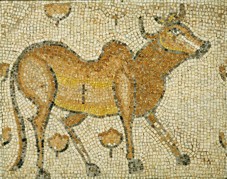 A Byzantine Marble Mosaic Panel Depicting Humped Bull a 