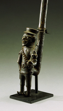 A Cameroon Brass Pipe, Of Bamun Style Depicting A Bearded German Soldier a 