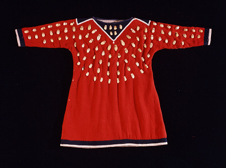A Crow Cloth Child''s Dress In Red Wool Decorated With Elk Teeth a 