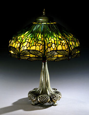 A ''Drophead Dragonfly'' Leaded Glass And Bronze Table Lamp a 