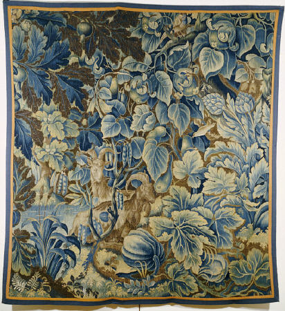 A Feuille De Choux Tapestry Woven In Blue And Brown With Two Goats And Birds Amongst Exotic Gourds A a 
