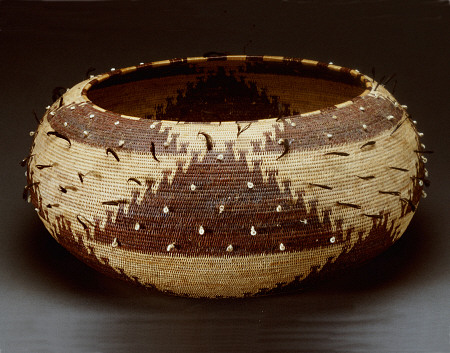 A Fine And Large Pomo Gift Basket Of Willow, Redbud And Sedge Root With Attached Quail Feathers And a 