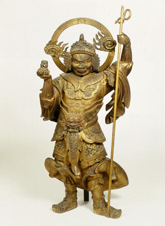 A Fine Large Wood Statue Of Bishamon, Guardian Of The North a 