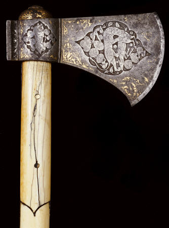 A Fine Persian Engraved And Damascened Steel Axe-Head (Tabarzin) With An Ivory Handle a 