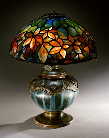 A Fine ''Woodbine'' Leaded Glass, Bronze And Blown Glass Table Lamp a 