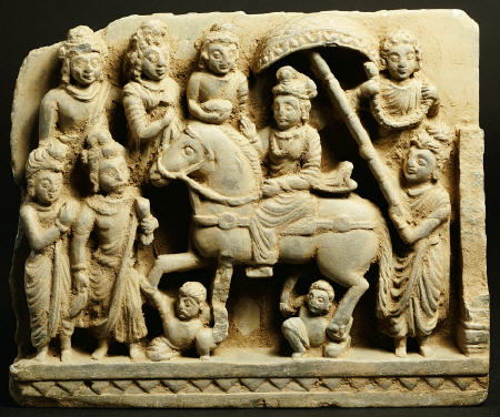 A Gandhara Style Green Steatite Relief Panel Depicting The Great Departure, Siddhartha Wearing Princ a 