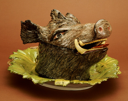A German Faience Boar''s Head Tureen Cover And Stand, Probably Strasbourg, Circa 1750 a 