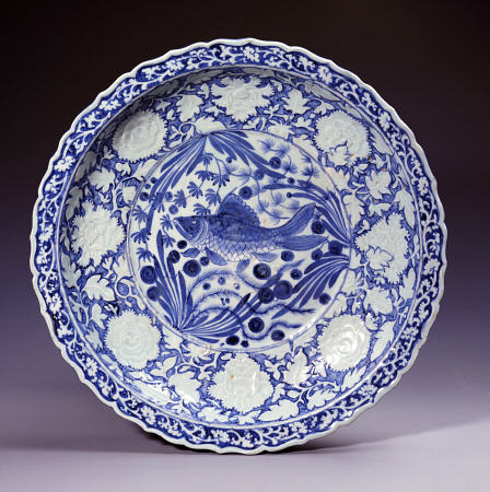 A Highly Important Yuan Blue And White Large ''Fish'' Dish a 