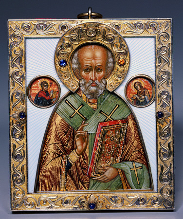A Jewelled Silver-Gilt And Guilloch? Enamel Icon Of Saint Nicholas, Marked K a 