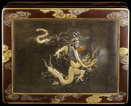 A Komai Rectangular Metal Box Depicting With Benten Standing On The Back Of A Dragon Holding A Koto a 