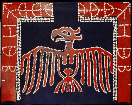 A Kwakiutl Button Blanket,  Bordered With Red At The Sides, Dark Blue Central Field And Depicting A a 