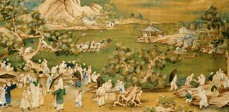 A Lake Scene With Figures Celebrating A Festival a 