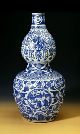A Large Ming Blue And White Double Gourd ''Shou'' Vase, Depicting Young Boys Playing On A Terrace a 