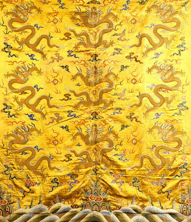 A Large Panel Of Golden Yellow Silk Satin Woven In Coloured Silks & Gilt Threads With Nine Dragons C a 