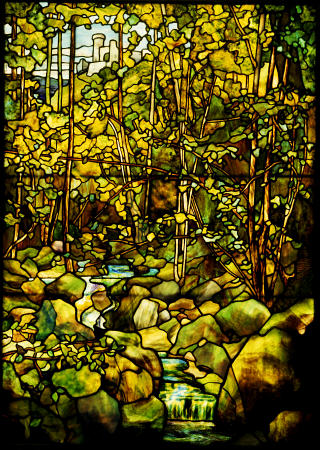 A Leaded Glass Window Of A Woodland Scene By Tiffany Studios a 