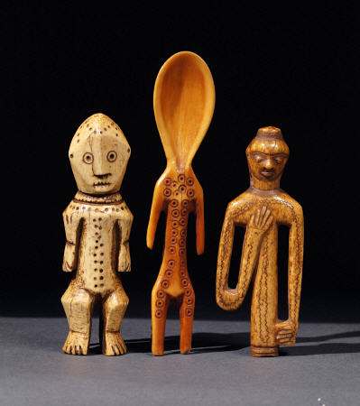 A Lega Bone Figure, A Lega Ivory Spoon And  A Pende Bone Whistle a 