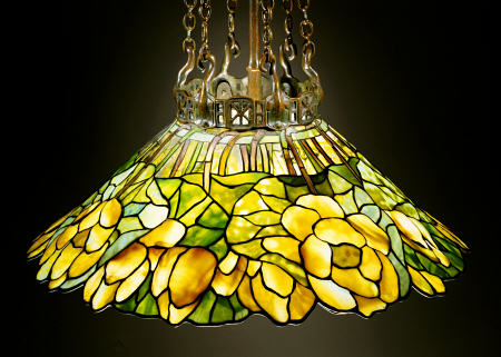 A ''Lotus'' Leaded Glass And Bronze Chandelier a 
