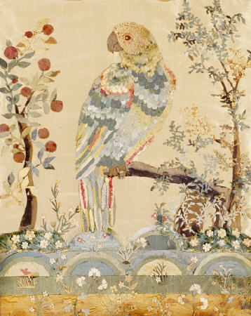 An Applique Picture Of A Parrot Perched In An Acacia Tree Above Hillocks With An Orange Tree To The a 