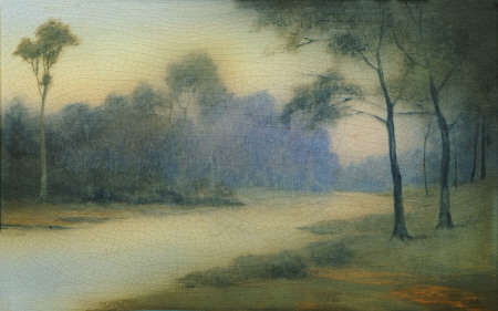 An Earthenware Scenic Plaque By Rookwood, Depicting A View Of A River And Wooded Banks,  Decorated B a 