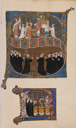 An Illuminated Initial ''S'' Showing Bishops And Monks At Worship a 