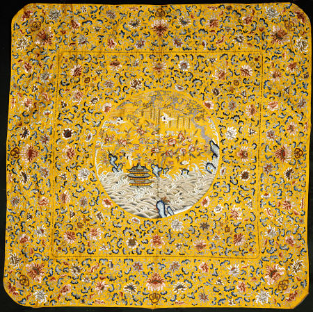 An Imperial Throne Cover Of Golden Yellow Silk Satin Densely Embroidered In Coloured Silks, a 