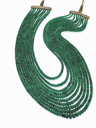 An Impressive Emerald Bead Necklace With Ten Graduated Strands Of Emerald Beads Weighing Approximate a 