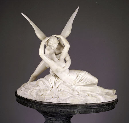 An Italian Alabaster Group Entitled Cupid And Psyche, On Marble Pedestal After Antonio Canova (1757- a 