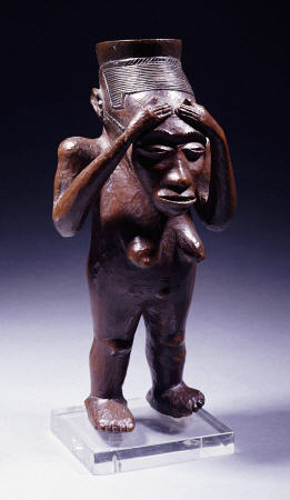 An Unusual Kuba Cup Carved As A Standing Female Figure With Hands Clasping The Forehead a 