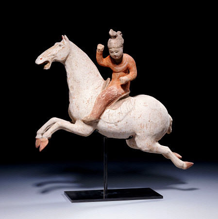 A Painted Red Pottery Female Polo Player Astride A Galloping Pony a 