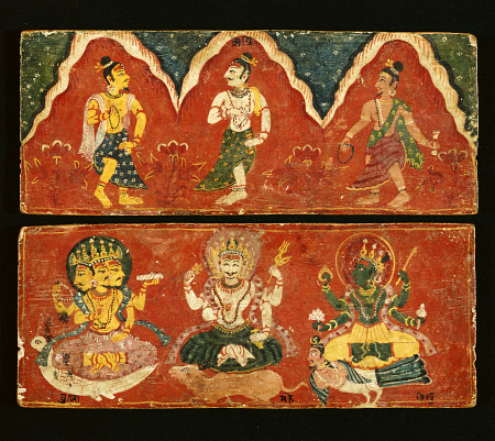 A Pair Of Nepalese Polychrome Wooden Manuscript Covers The Upper Cover Painted With Three Standing D a 