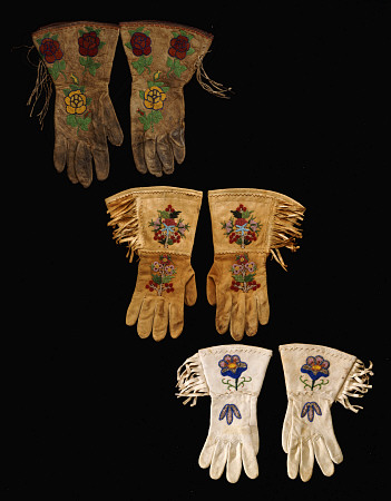 A Pair Of Nez Perce Beaded Hide Gauntlet And  Two Pairs Of Plains Beaded Hide Gauntlets a 