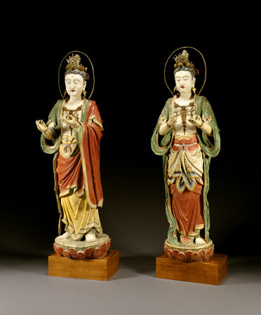 A Pair Of Rare Monumental Painted Stucco Figures Of Bodhisattvas, Each A Representation Of Avalokite a 