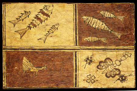A Rare Melanesian Painted Bark Cloth Decorated With A Fowl, Exotic Butterflies And Fishes On Reddish a 
