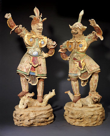 A Rare Pair Of Massive Painted Pottery Lokapala Guardians Both Standing On  A Recumbent Demons a 