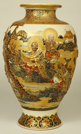 A Satsuma Moulded Baluster Vase Decorated With Various Sages And Scholars a 