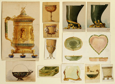 A Selection Of Designs From The House Of Carl Faberge Including An Elaborate Gilt And Enamelled  Tan a 
