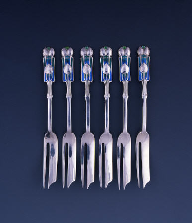 A Set Of Six Liberty Silver And Enamel Pastry Forks a 