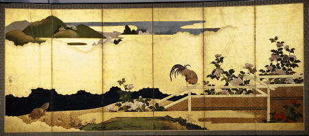 A Six-Panel Screen Painted In Ink, Colour And Gofun On Gold Paper With A Cockerel Perched On A Fence a 