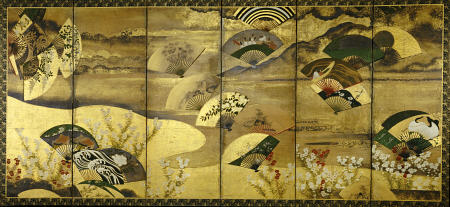 A Six-Panel Screen Painted In Sumi, Colour And Gofun On Paper Sprinkled With Gold And Silver With Sc a 