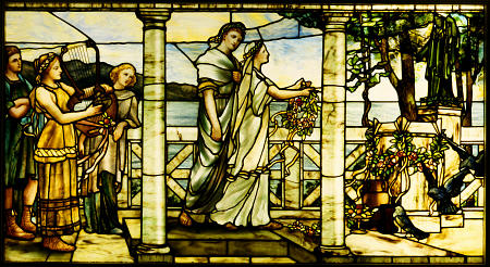 A Stained And Leaded Glass Window Depicting A Group Of Maidens, With A Lake Scene In The Background a 