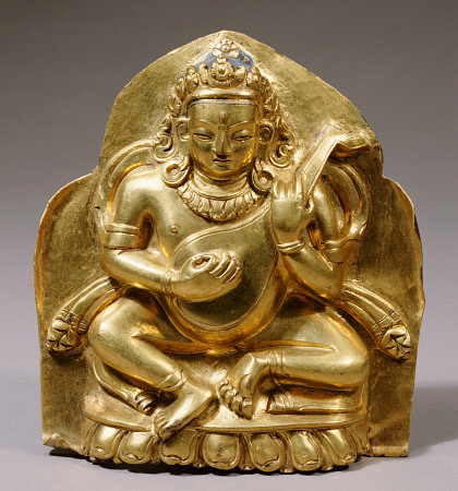 A Tibetan Gilt-Copper Plaque Depicting Dhrtarashtra Seated On A Lotus, Playing A Lute a 