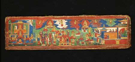 A Tibetan Painted Cotton Manuscript Cover Painted With Various Offering Scenes a 