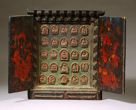 A Tibetan Wooden Altar, With Both Doors Painted With Shri Devi On Her Mule And Another Horse Riding a 