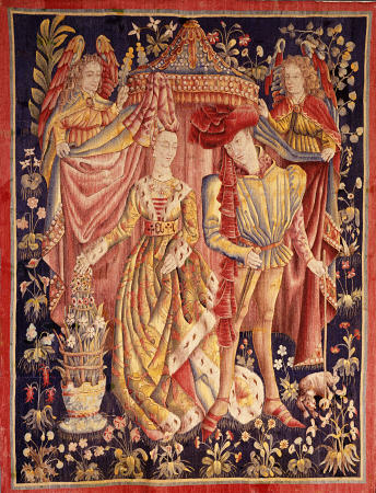 A Tournai Betrothal Tapestry Depicting A Man And Woman In Fine Dress Beneath A Canopy Held Back By T a 
