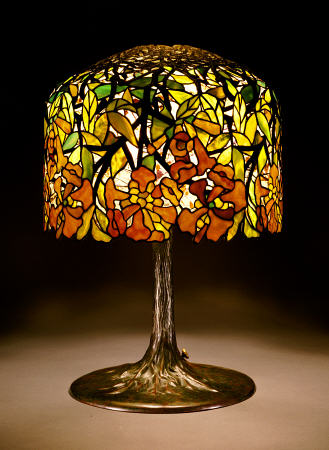 A ''Trumpet Creeper'' Leaded Glass And Bronze Table Lamp a 